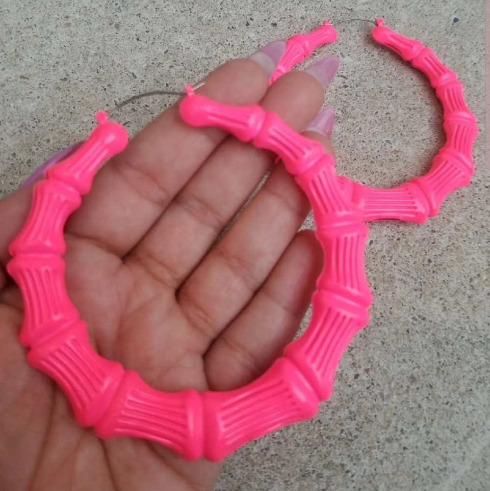 Neon Pink Bamboo Earrings - Picture 2 of 2